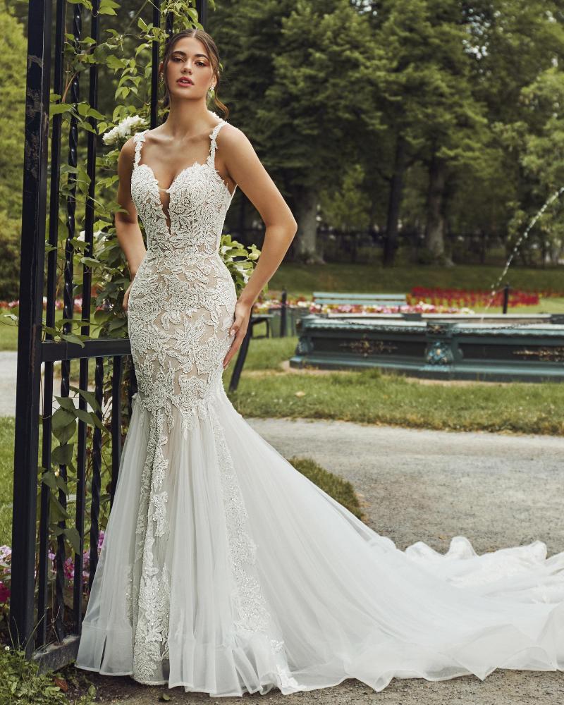 120104 mermaid beaded wedding dress with plunging neckline and spaghetti straps3